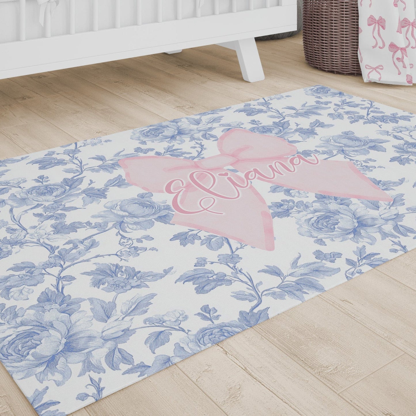 Fancy Bow Blue Toile Personalized Nursery Rug