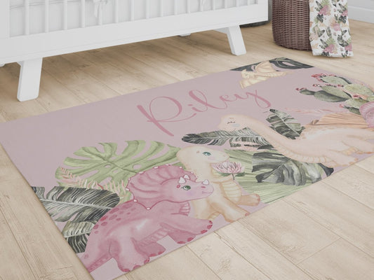 Boho Dino Personalized Nursery Rug - boho dino, gender_girl, text