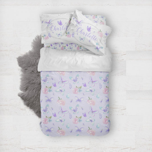 Butterfly Floral Personalized Kids Bedding Set (Comforter or Duvet Cover) - Butterfly Floral, gender_girl, text