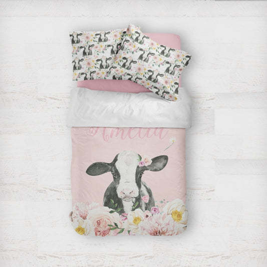Farm Floral Calf Personalized Kids Bedding Set (Comforter or Duvet Cover) - Farm Floral, gender_girl, text