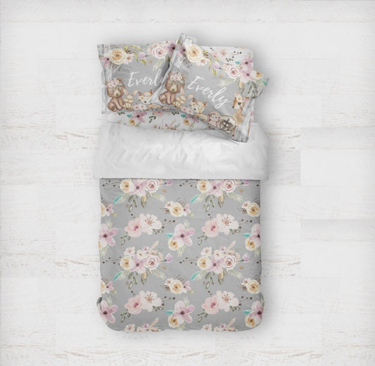 Floral Woodlands Gray Kids Bedding Set (Comforter or Duvet Cover) - Floral Woodlands, gender_girl, text