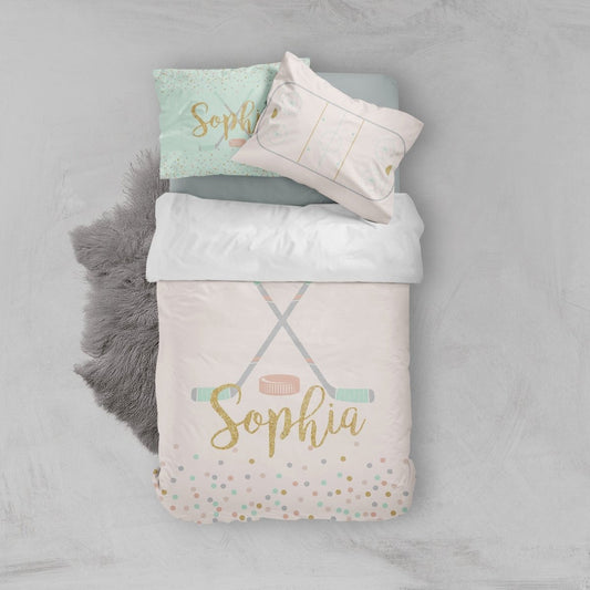 Girl Ice Hockey Kids Bedding Set (Comforter or Duvet Cover) - text, ,
