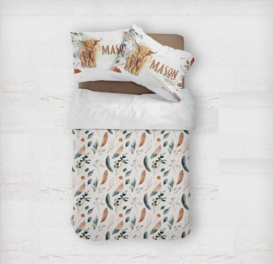 Highland Cow Feathers Kids Bedding Set (Comforter or Duvet Cover) - gender_boy, Highland Cow Feathers, text