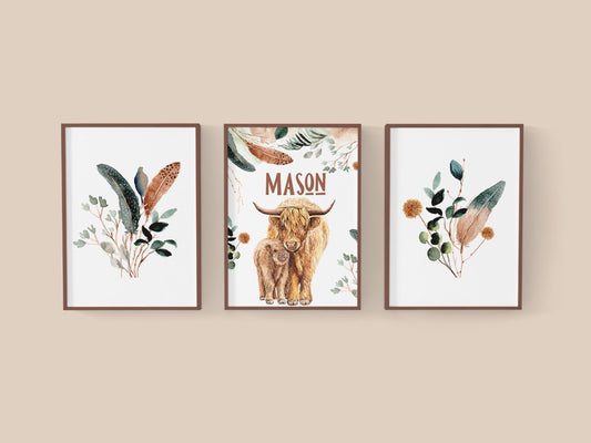 Highland Cow Feathers Personalized Nursery Art - gender_boy, Highland Cow Feathers, text
