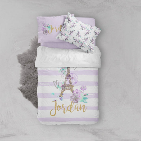 Paris in Purple Kids Bedding Set (Comforter or Duvet Cover) - text, ,