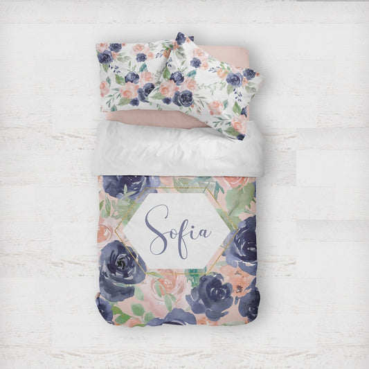 Peach & Navy Floral Personalized Kids Bedding Set (Comforter or Duvet Cover) - gender_girl, Peach & Navy Floral, text