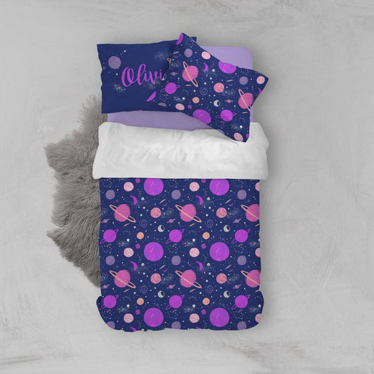 Personalized Girl Outer Space Kids Bedding Set (Comforter or Duvet Cover) - text, ,