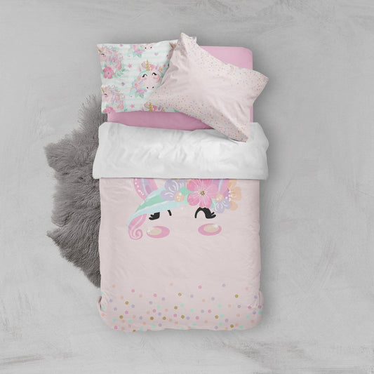 Personalized Pink Unicorn Kids Bedding Set (Comforter or Duvet Cover) - text, Unicorn Dreams,
