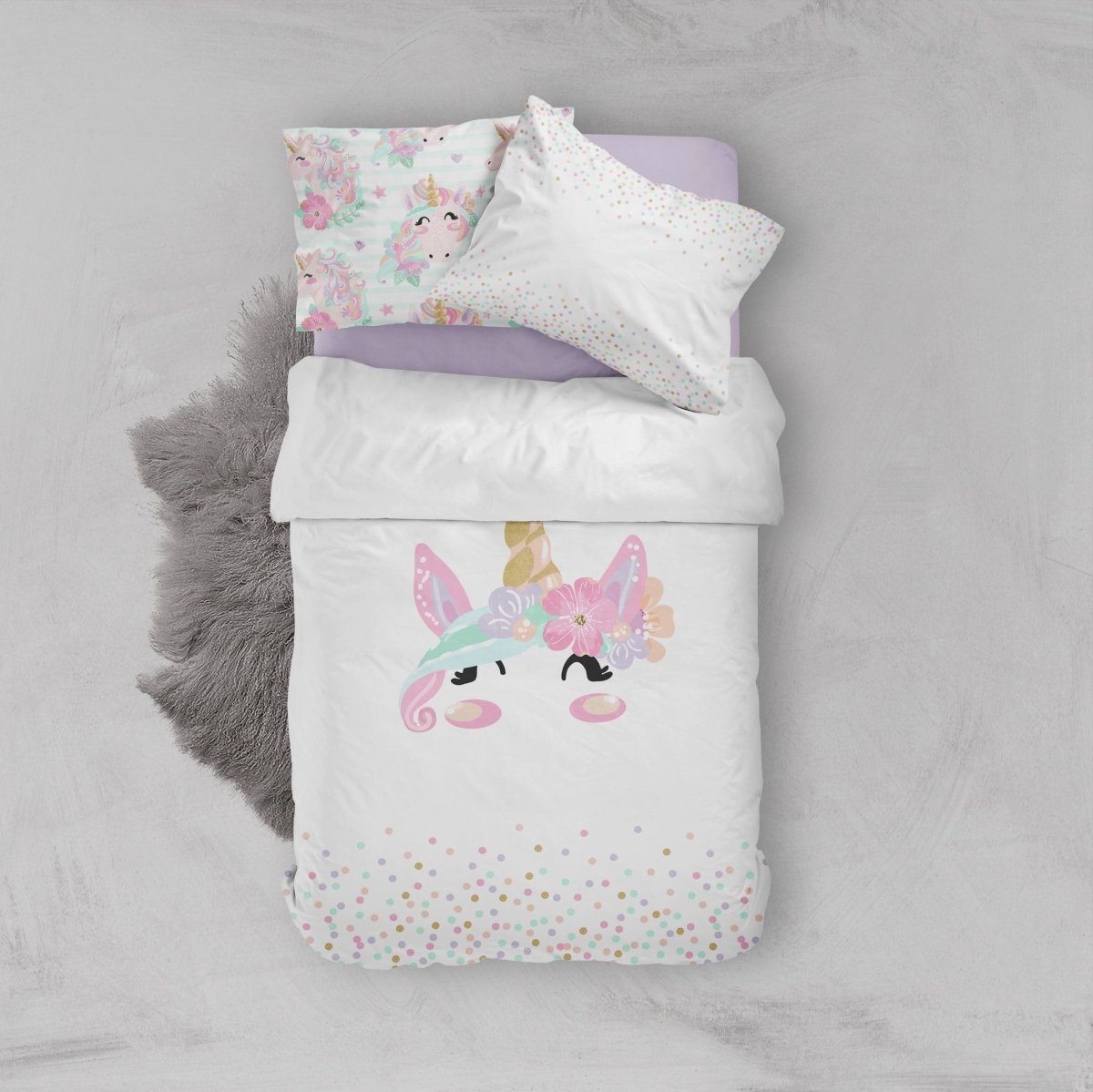 Personalized Unicorn Kids Bedding Set (Comforter or Duvet Cover) - text, Unicorn Dreams,