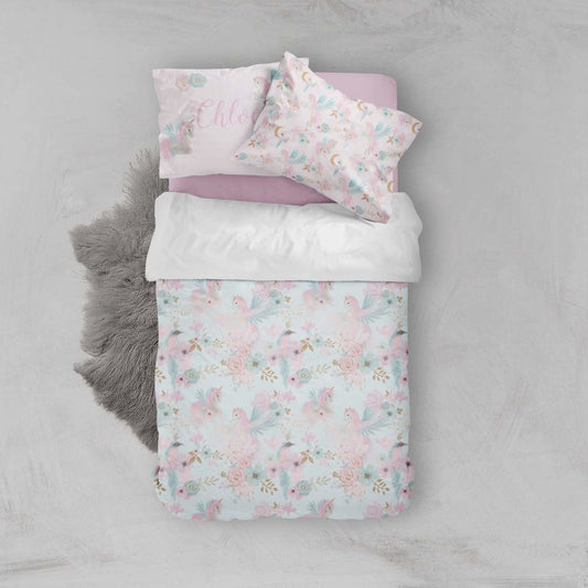 Pink & Aqua Unicorn Kids Bedding Set (Comforter or Duvet Cover) - text, ,