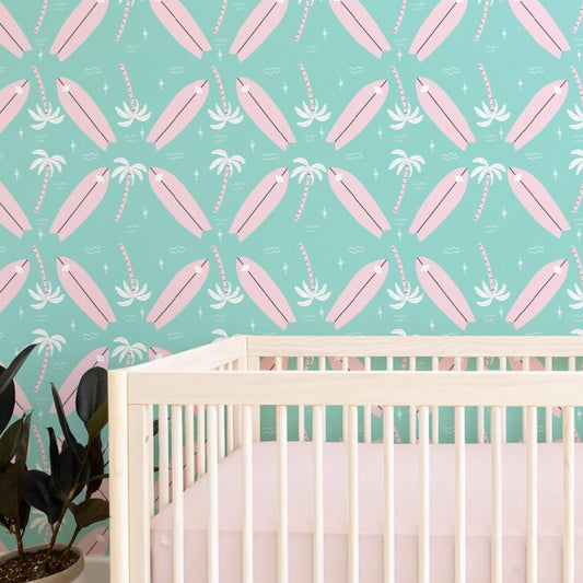 Preppy Surfer Palms Peel & Stick Wallpaper - boho dino, gender_girl, Theme_Ocean