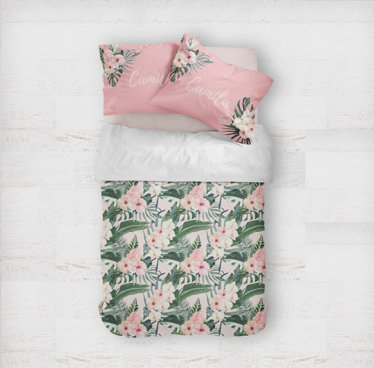 Tropical Floral Personalized Kids Bedding Set (Comforter or Duvet Cover) - gender_girl, text, Theme_Floral