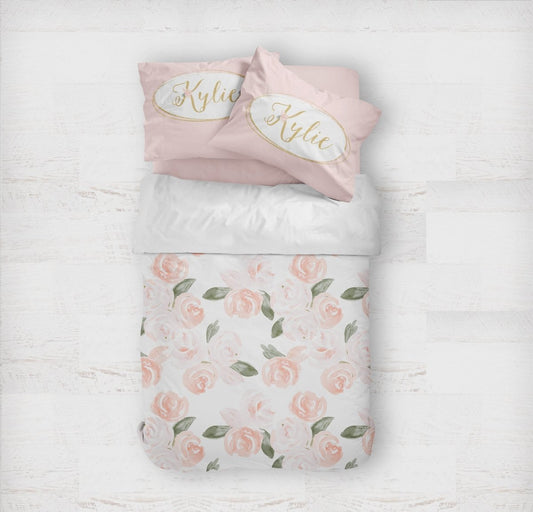 Watercolor Floral Personalized Kids Bedding Set (Comforter or Duvet Cover) - gender_girl, text, Theme_Floral