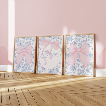 Fancy Bow Blue Toile | Kids' Room Art Prints