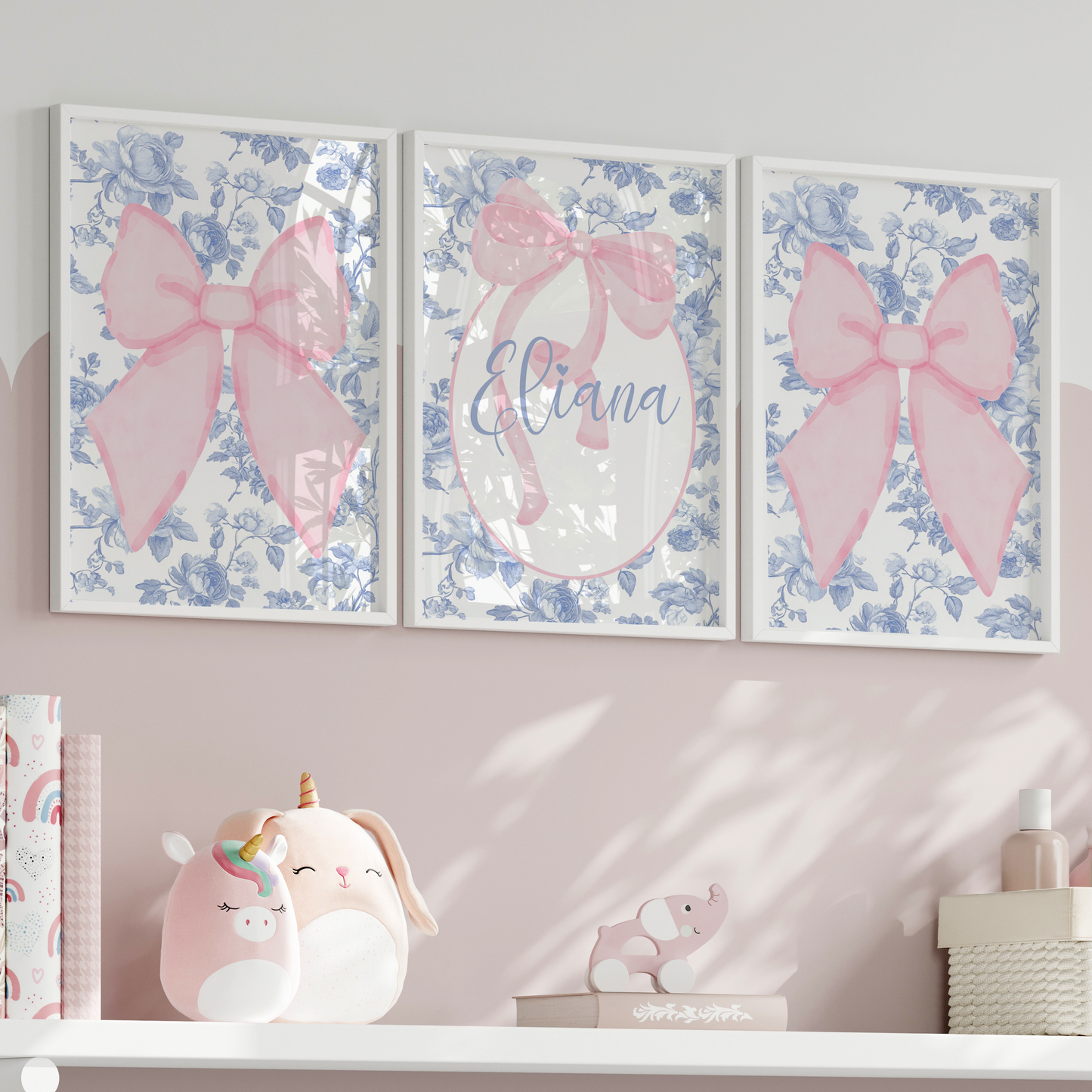 Fancy Bow Blue Toile | Kids' Room Art Prints
