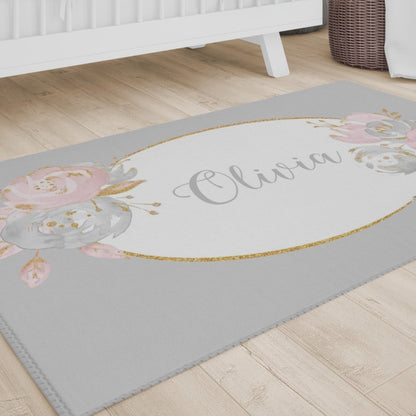 Blush Gold Floral Personalized Nursery Rug - Blush Gold Floral, gender_girl, text