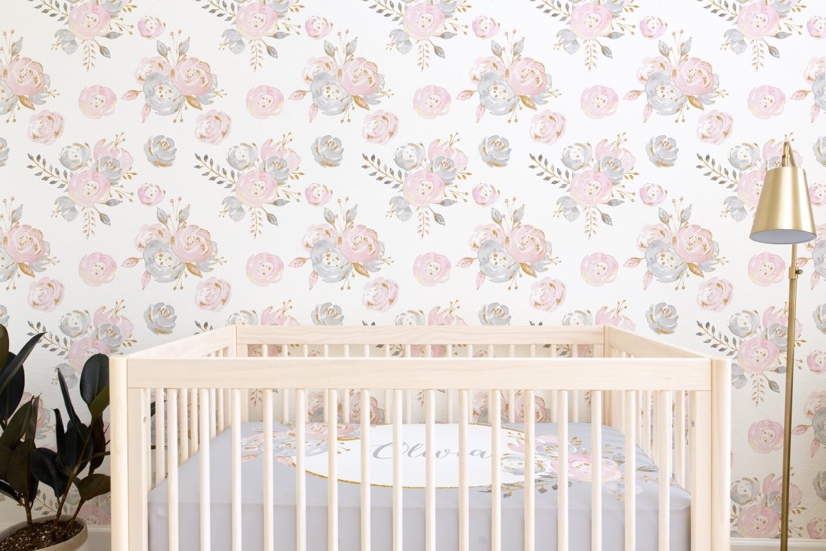 Blush Gold Floral Peel & Stick Wallpaper - Blush Gold Floral, gender_girl, Swan Lake