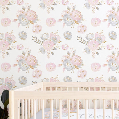 Blush Gold Floral Peel & Stick Wallpaper - Blush Gold Floral, gender_girl, Swan Lake