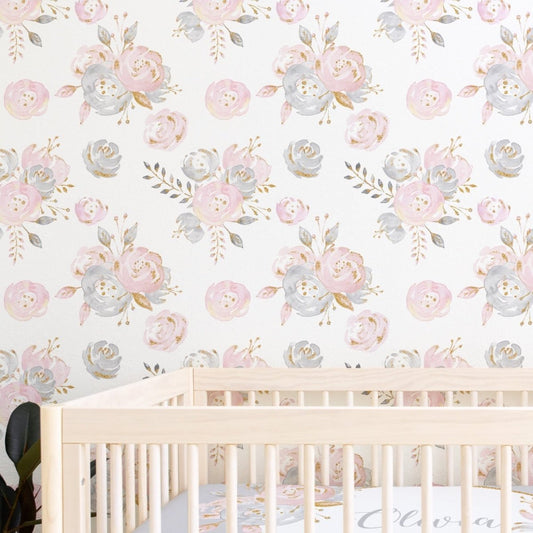 Blush Gold Floral Peel & Stick Wallpaper - Blush Gold Floral, gender_girl, Swan Lake