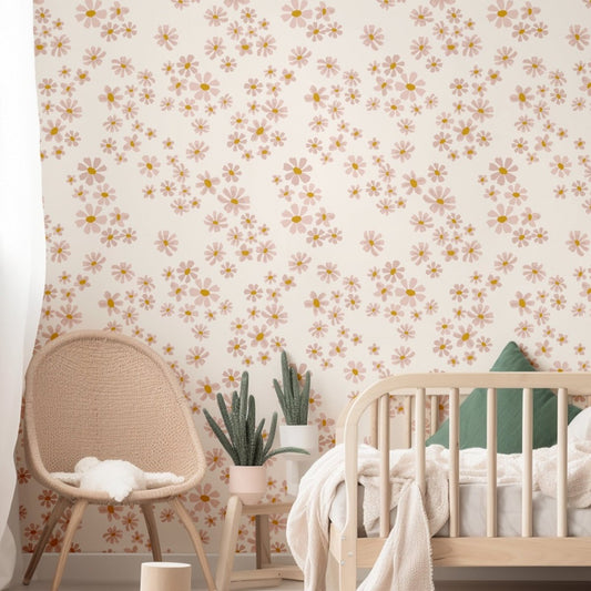 Dusty Rose Daisy Peel & Stick Wallpaper - gender_girl, Theme_Boho, Theme_Floral