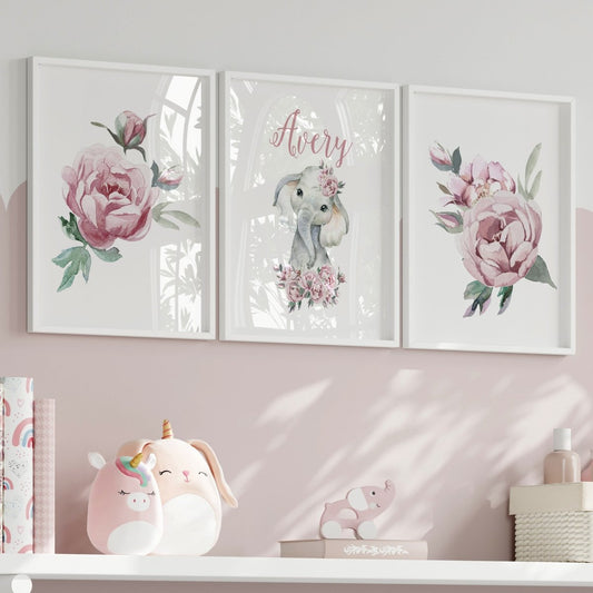Floral Elephant Personalized Nursery Art - Floral Elephant, gender_girl, text