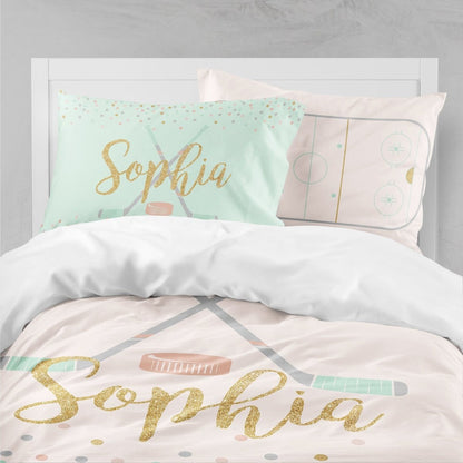 Girl Ice Hockey Kids Bedding Set (Comforter or Duvet Cover) - text, ,