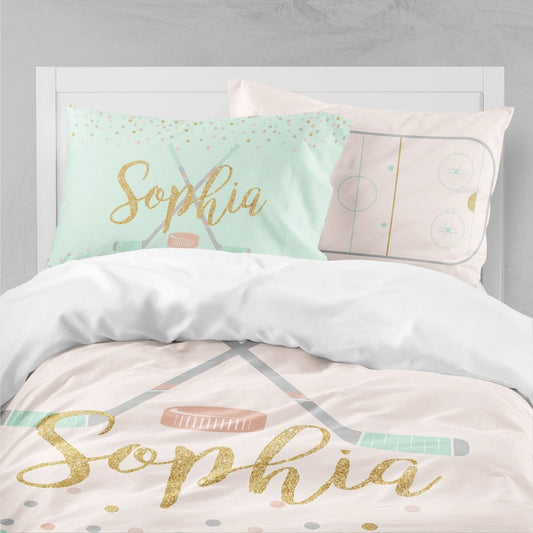 Girl Ice Hockey Kids Bedding Set (Comforter or Duvet Cover) - text, ,