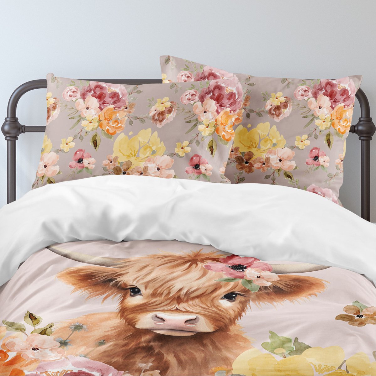 Highland Cow Wildflower Calf Personalized Kids Bedding Set (Comforter or Duvet Cover) - gender_girl, Highland Cow Wildflower, text