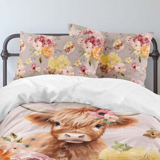 Highland Cow Wildflower Calf Personalized Kids Bedding Set (Comforter or Duvet Cover) - gender_girl, Highland Cow Wildflower, text