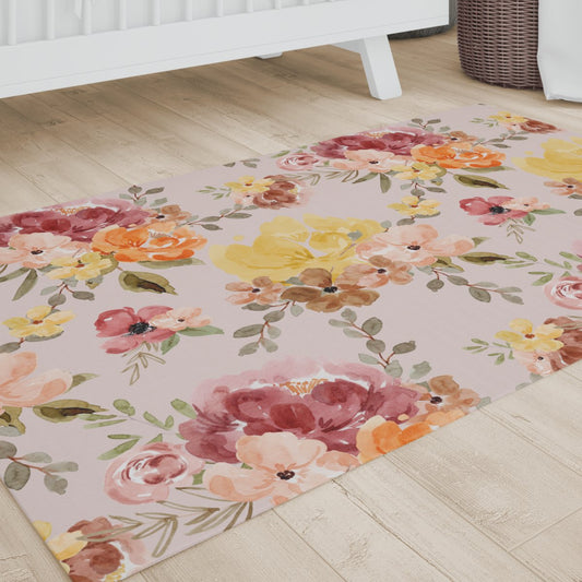 Highland Cow Wildflower Nursery Rug - gender_girl, Highland Cow Wildflower, text