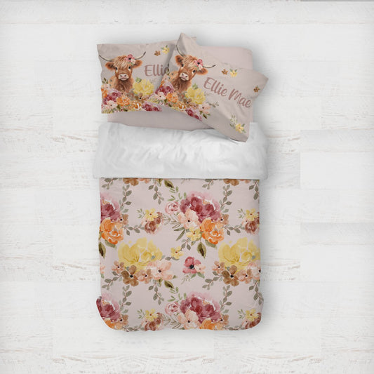 Highland Cow Wildflower Personalized Kids Bedding Set (Comforter or Duvet Cover) - gender_girl, Highland Cow Wildflower, text