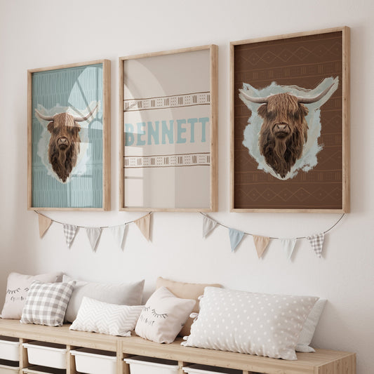 Highland Cow Boy Personalized Nursery Art - gender_boy, Highland Cow Boy, text