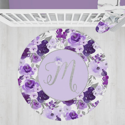 Large Purple Floral Nursery Rug - gender_girl, Purple Floral Elephant, text