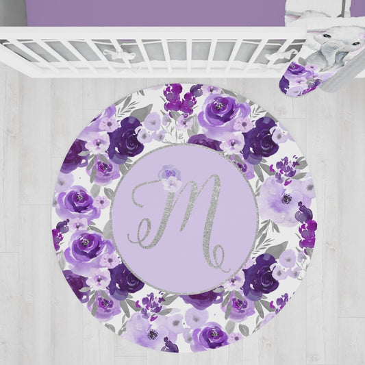 Large Purple Floral Nursery Rug - gender_girl, Purple Floral Elephant, text