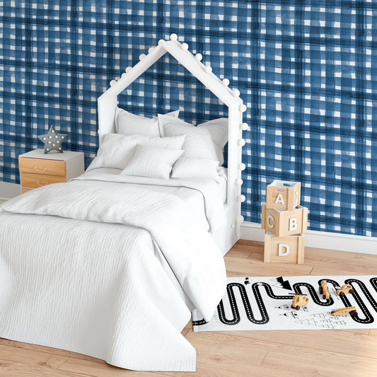 Navy Plaid Peel & Stick Wallpaper - Mountain Explorer, ,