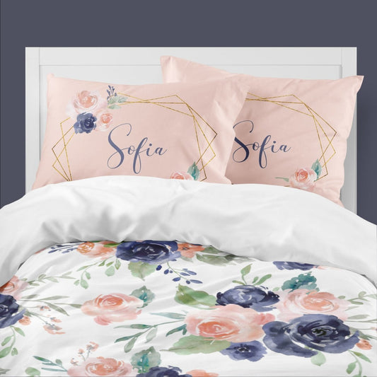 Peach & Navy Floral Kids Bedding Set (Comforter or Duvet Cover) - gender_girl, Peach & Navy Floral, text