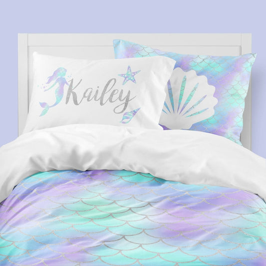 Personalized Mermaid Scale Kids Bedding Set (Comforter or Duvet Cover) - gender_girl, Mermaid Love, text