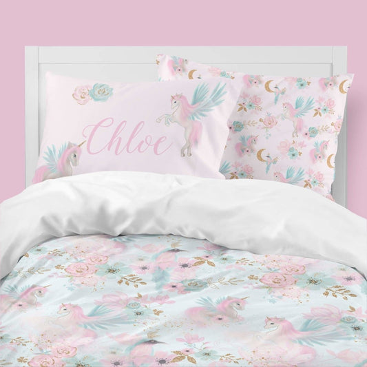 Pink & Aqua Unicorn Kids Bedding Set (Comforter or Duvet Cover) - text, ,