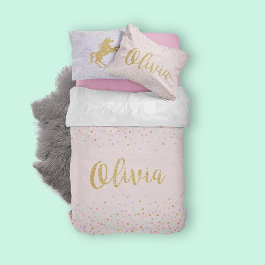 Pink Confetti Kids Bedding Set (Comforter or Duvet Cover) - text, Unicorn Dreams,