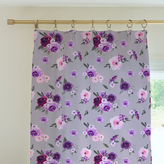 Purple Floral on Gray Curtain Panel - gender_girl, Purple Floral, Theme_Floral