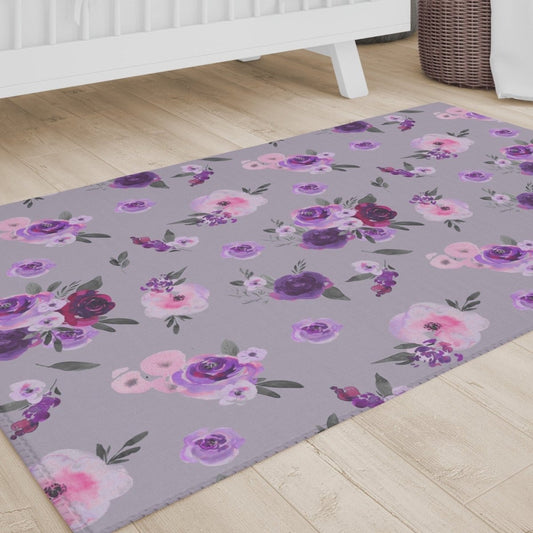 Purple Floral on Gray Nursery Rug - gender_girl, Purple Floral, Theme_Floral