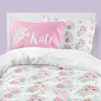 Striped Unicorn Kids Bedding Set (Comforter or Duvet Cover) - text, Unicorn Dreams,