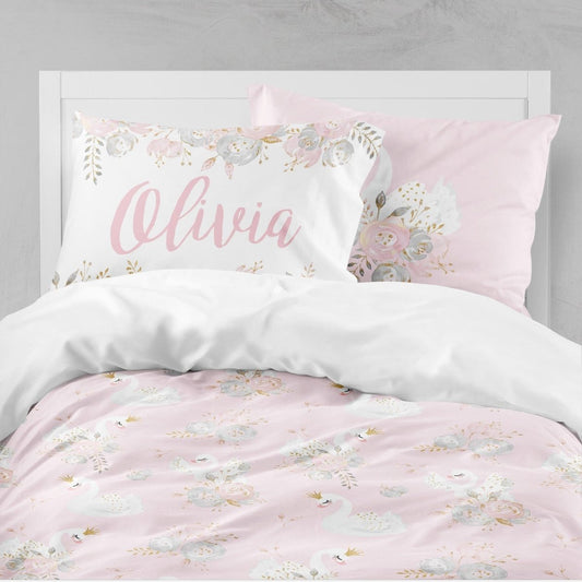 Swan Lake Floral Kids Bedding Set (Comforter or Duvet Cover) - gender_girl, Swan Lake, text