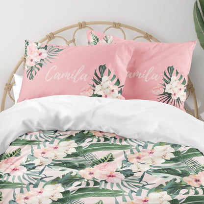 Tropical Floral Personalized Kids Bedding Set (Comforter or Duvet Cover) - gender_girl, text, Theme_Floral